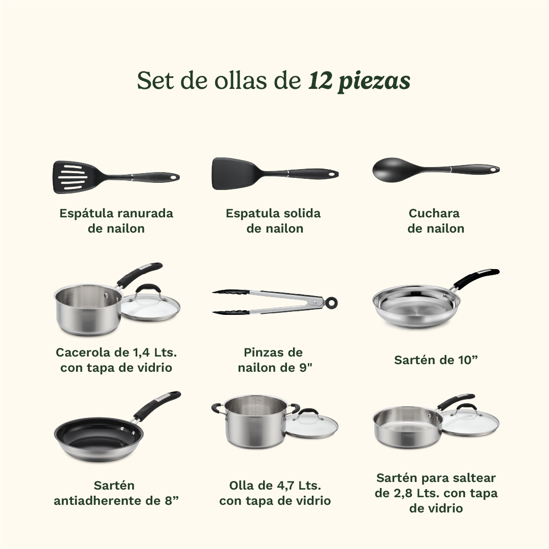 Bateria de Cocina de Acero Inoxidable 12 piezas